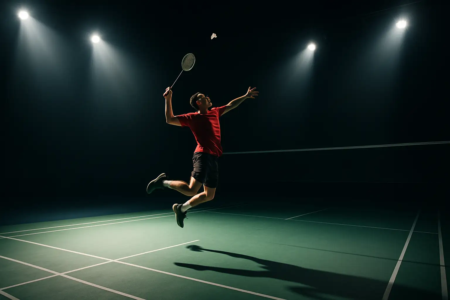 Badminton player mid-smash on an indoor court with bright arena lighting