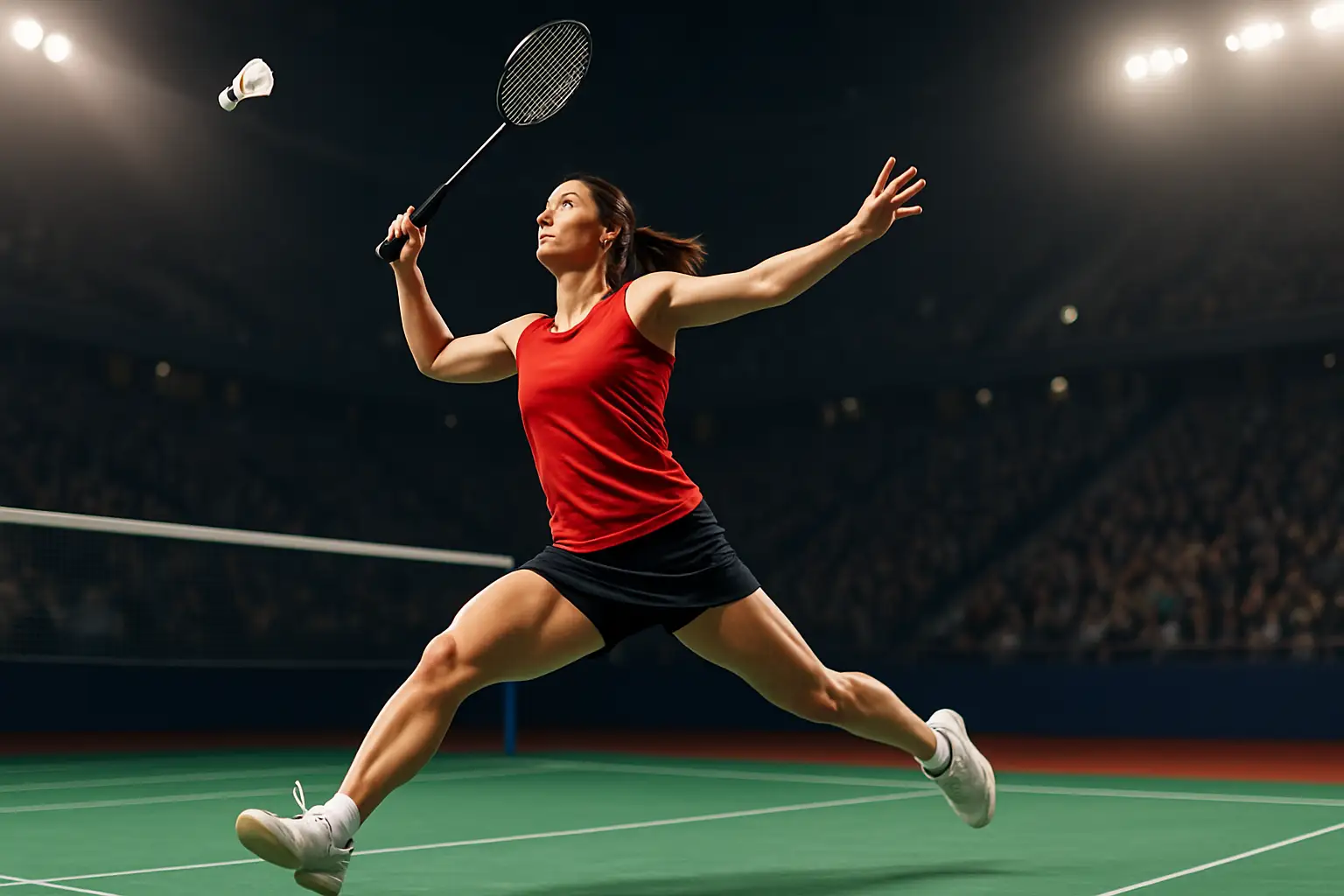 Female badminton player in mid-swing on an indoor court during a tournament match