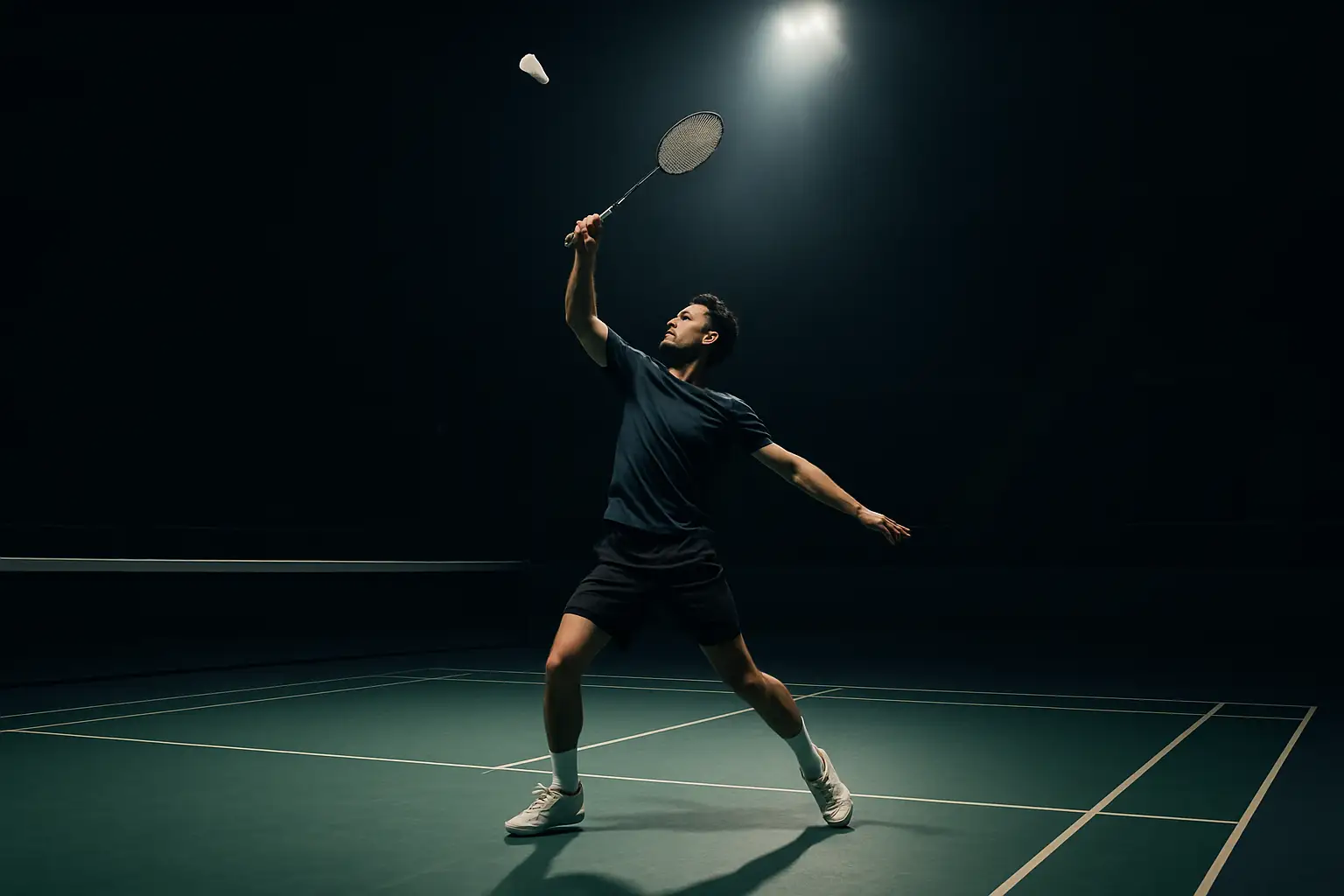 A badminton player mid-smash on an indoor court with bright arena lighting