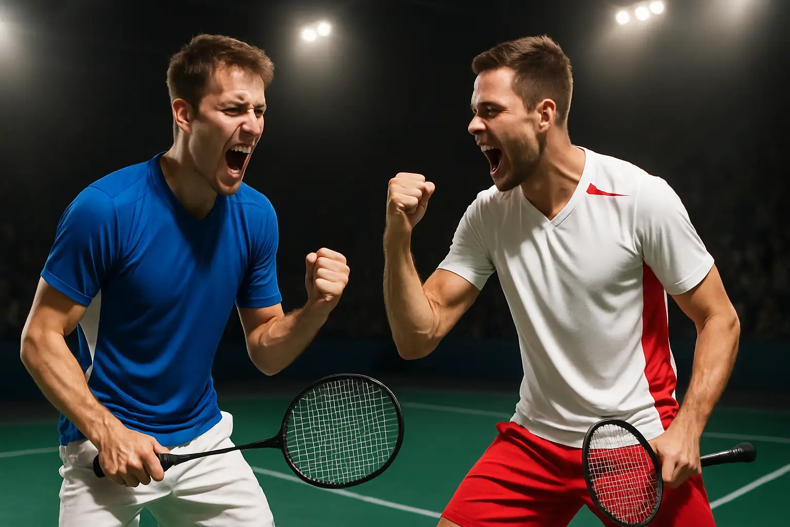 Two male badminton players celebrating on a doubles court with rackets raised