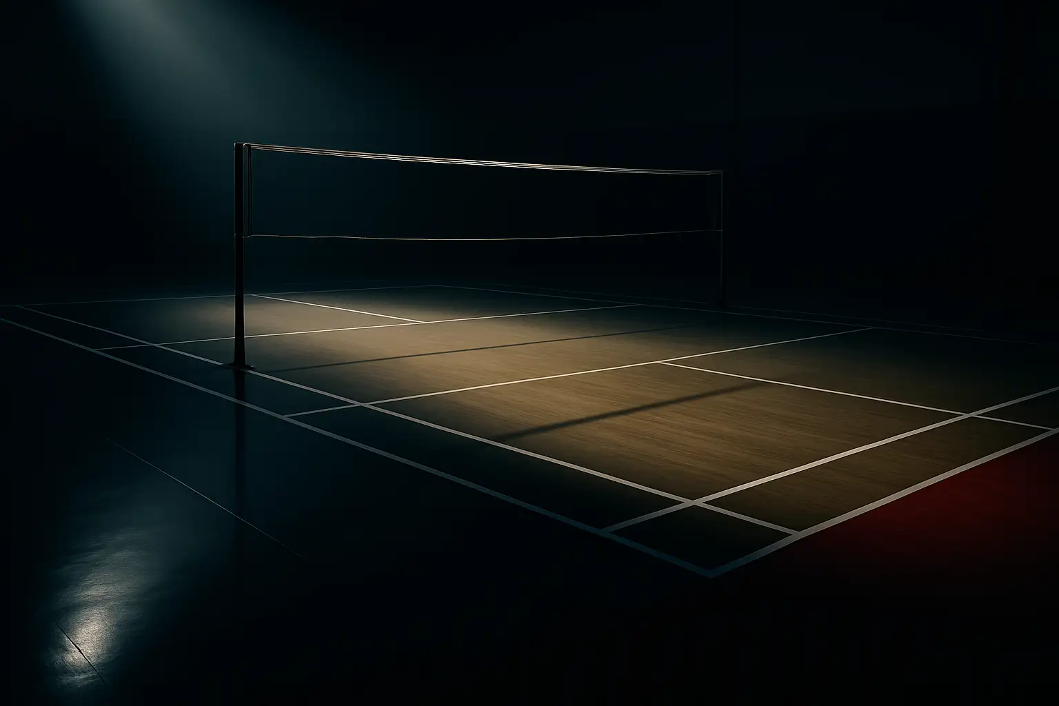 Empty badminton court with Commonwealth Games flag colors reflected on the floor