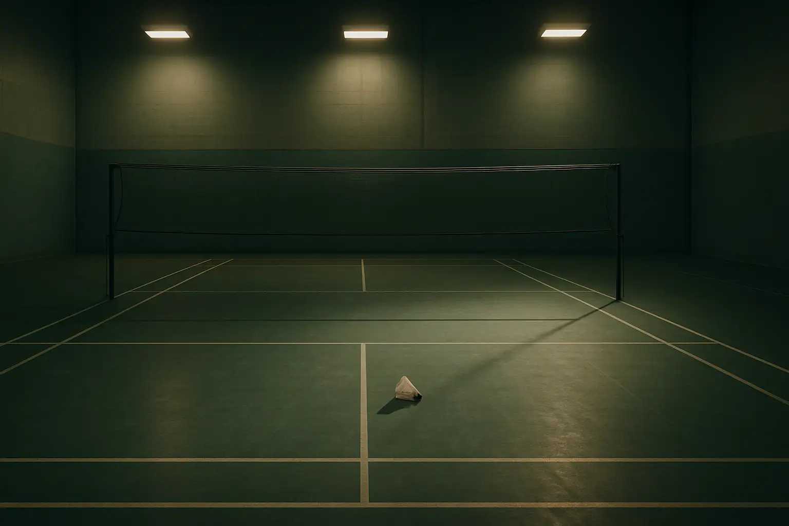 Badminton racket and shuttlecock on an empty indoor court with dim lighting suggesting decline