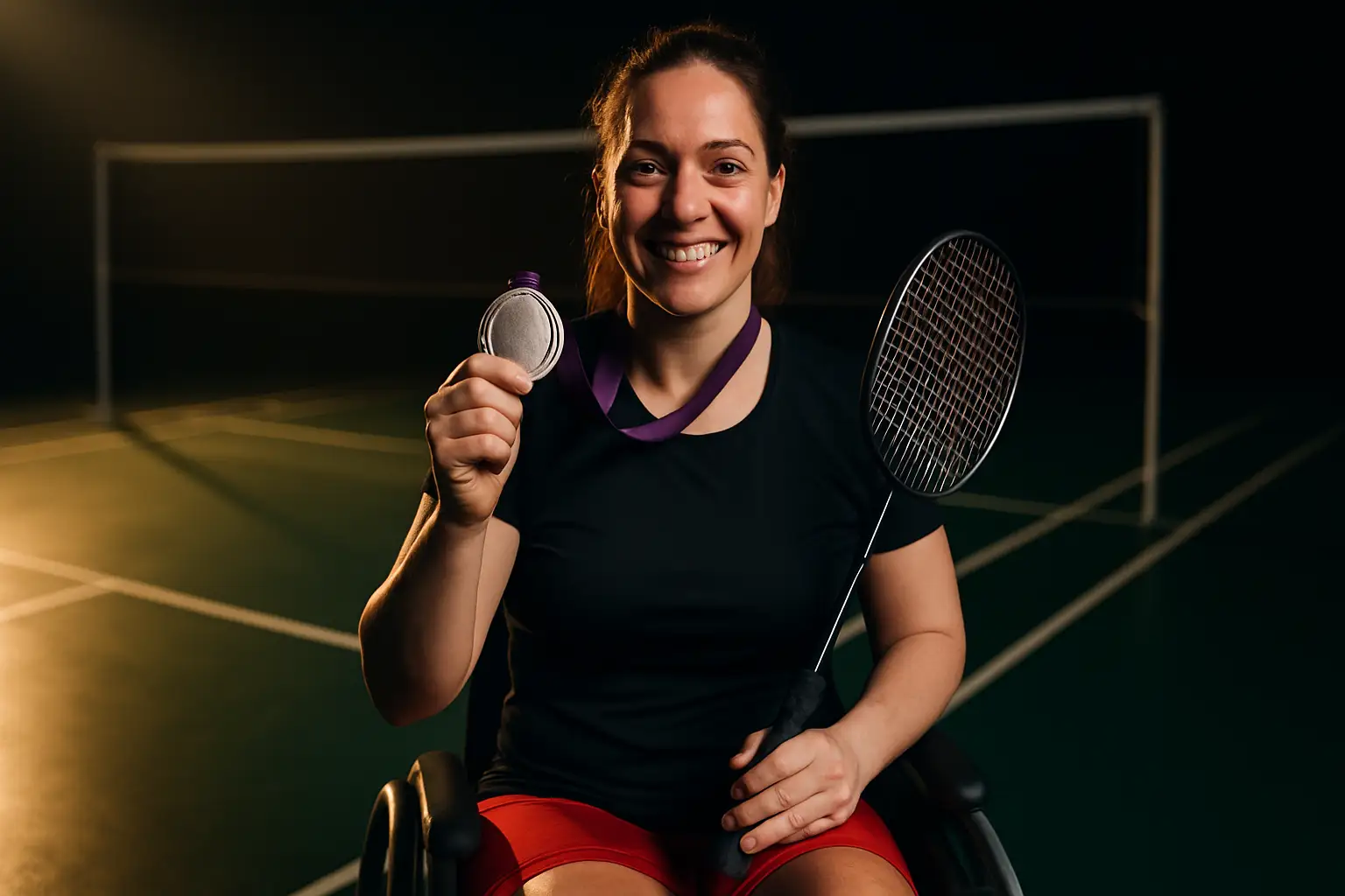 A para-badminton player celebrating on a court after winning a silver medal at an international tournament