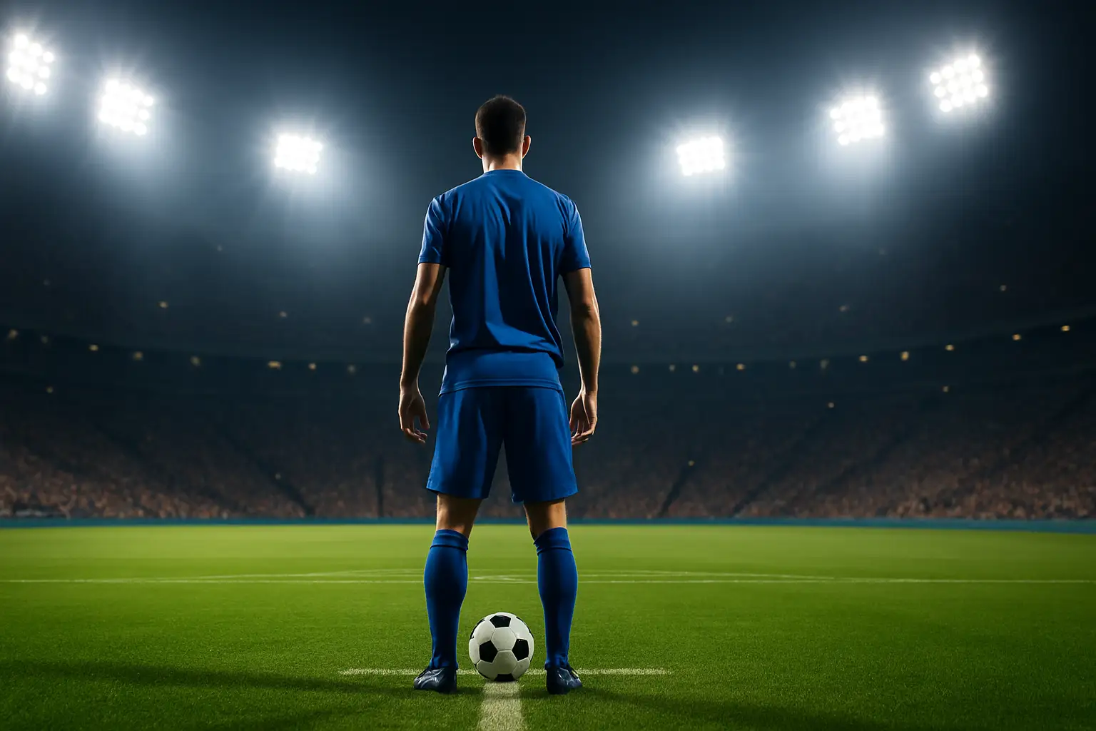 A soccer player standing over a penalty spot in a packed World Cup stadium at night