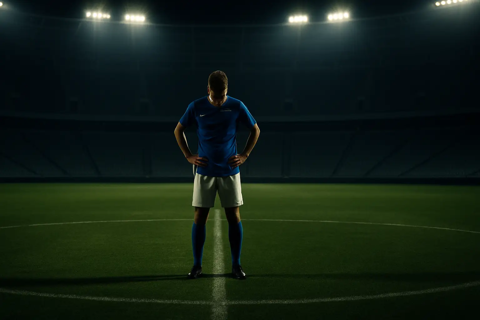 A lone football player in a blue national team jersey standing on an empty stadium pitch at night, head bowed in reflection