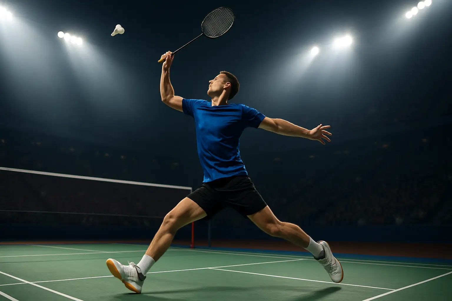 Indian badminton player mid-swing on an indoor court during an international tournament