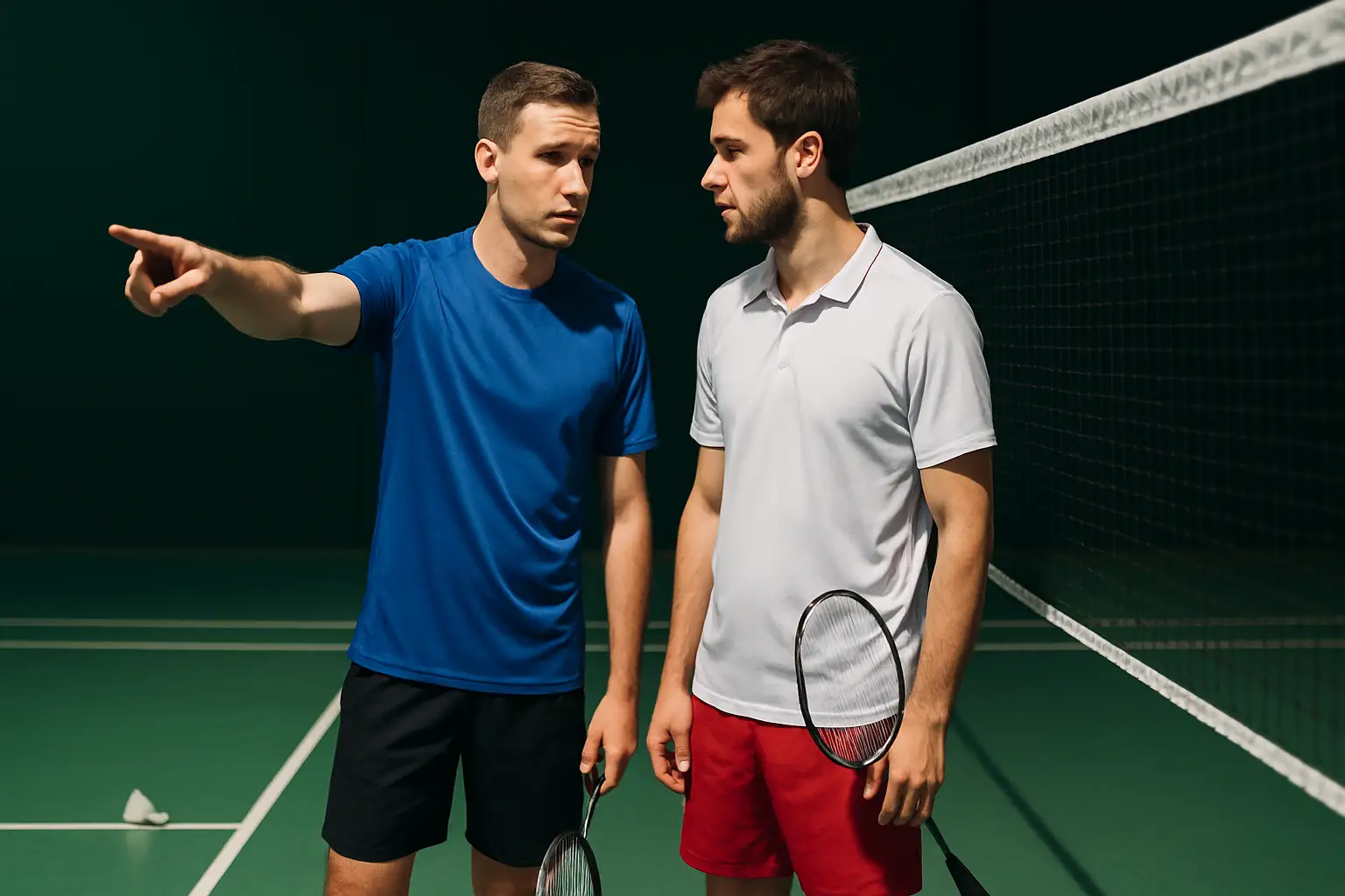 Two male badminton players discussing tactics on an indoor court during training