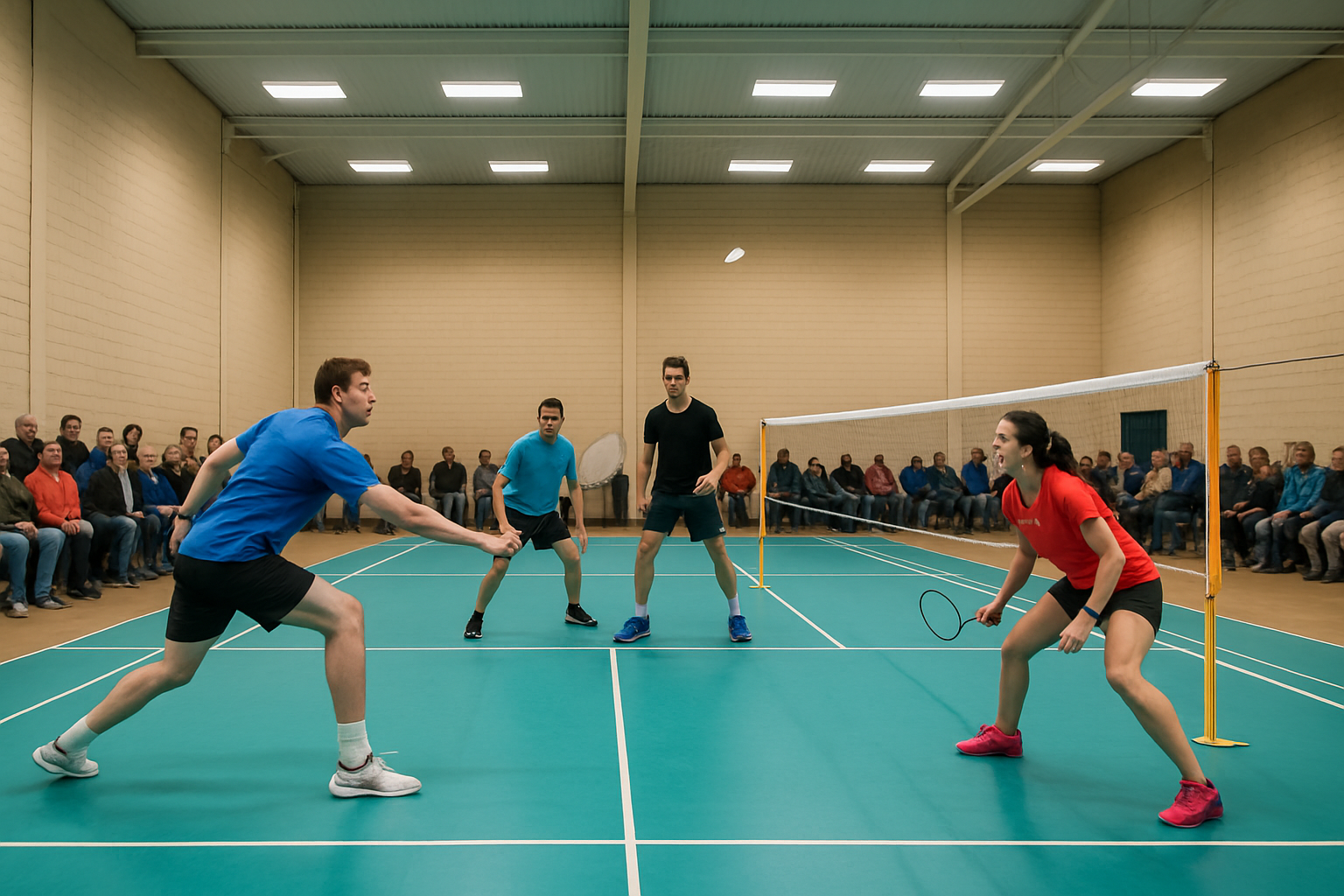 Badminton players competing in a community indoor tournament setting