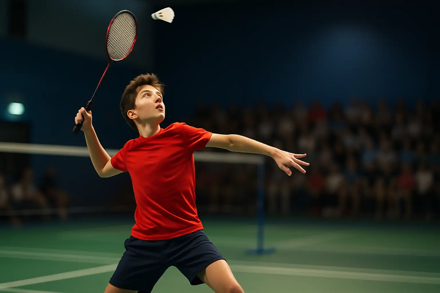 A badminton player mid-smash on an indoor court with bright overhead lighting