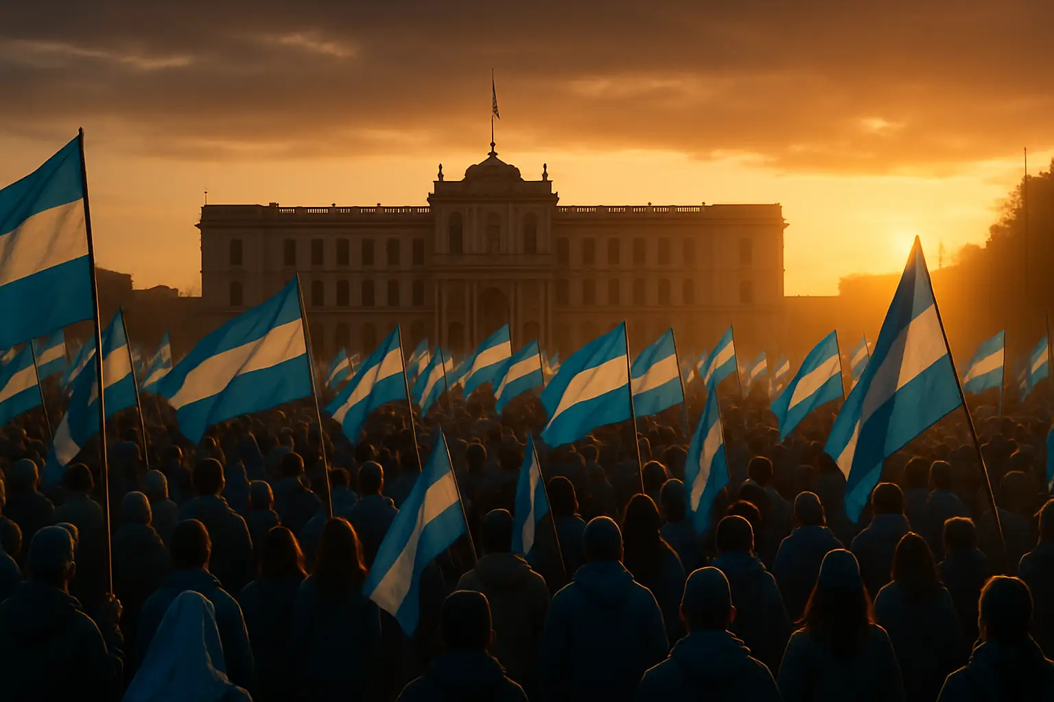 Argentine presidential podium with a crowd of supporters waving national flags in the background