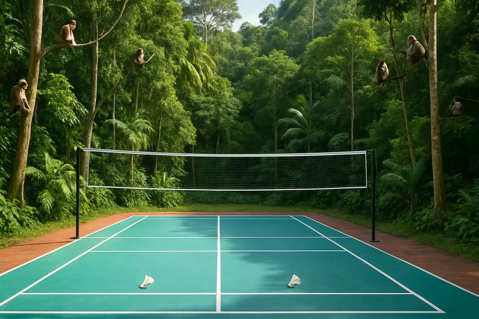 Badminton court near a tropical jungle with monkeys visible in surrounding trees