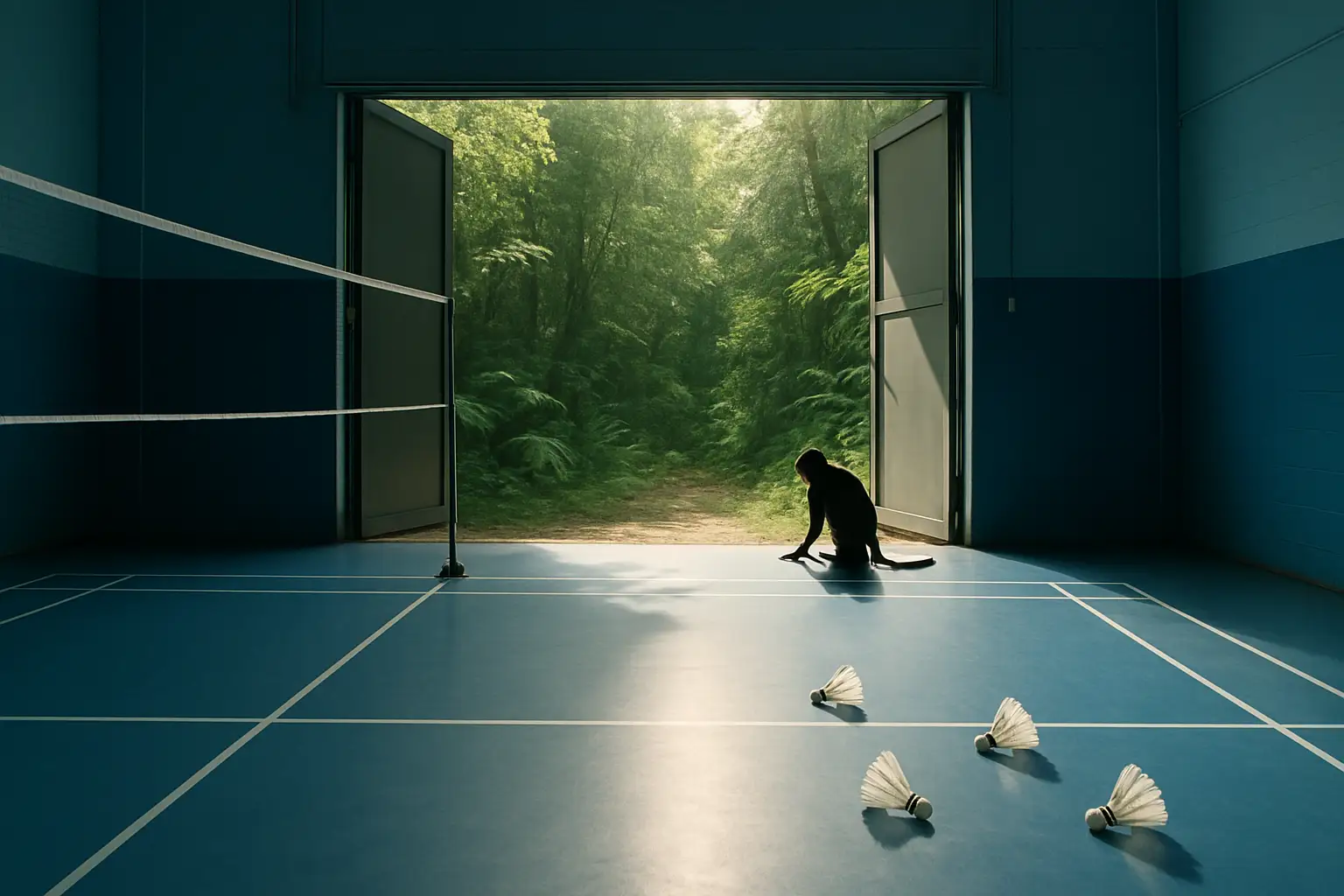 A badminton court surrounded by lush trees with a monkey perched near the net post
