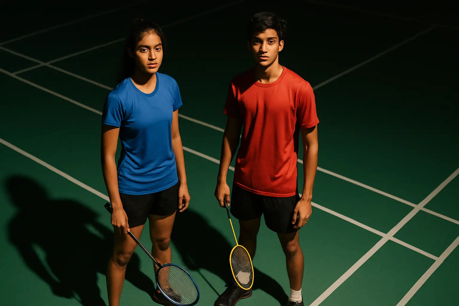 Two young badminton players on an indoor court holding rackets and ready to play
