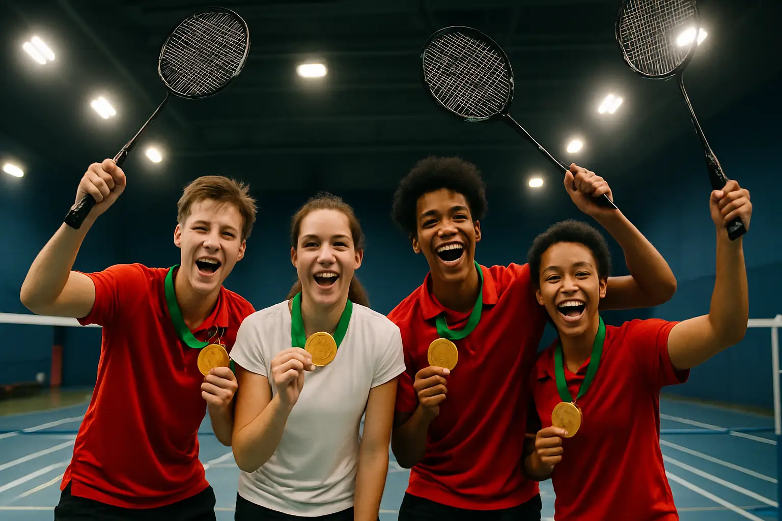 Young badminton players celebrating on a court with gold medals around their necks