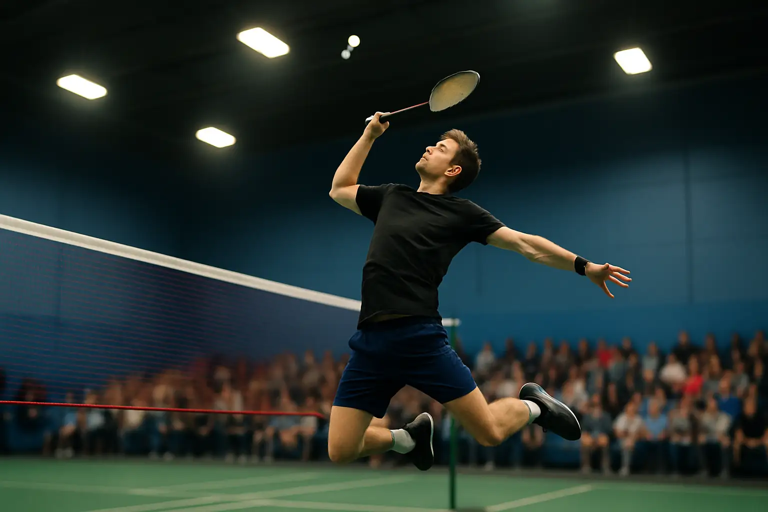A badminton player mid-smash on an indoor court during a competitive match