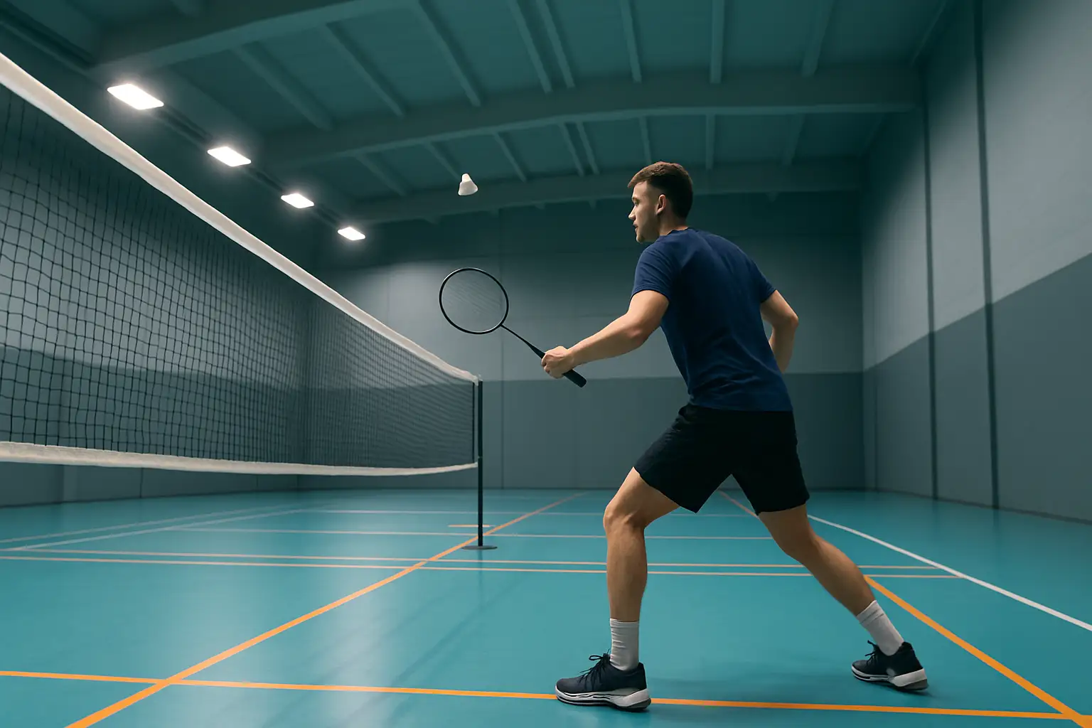 Badminton player preparing to serve on an indoor court during an open championship event