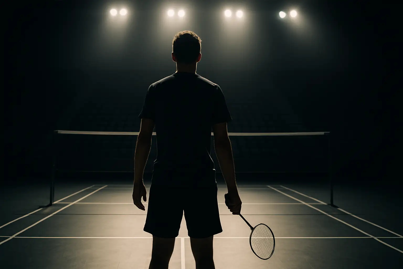A badminton player standing alone on an empty court holding a racket, facing away toward the net