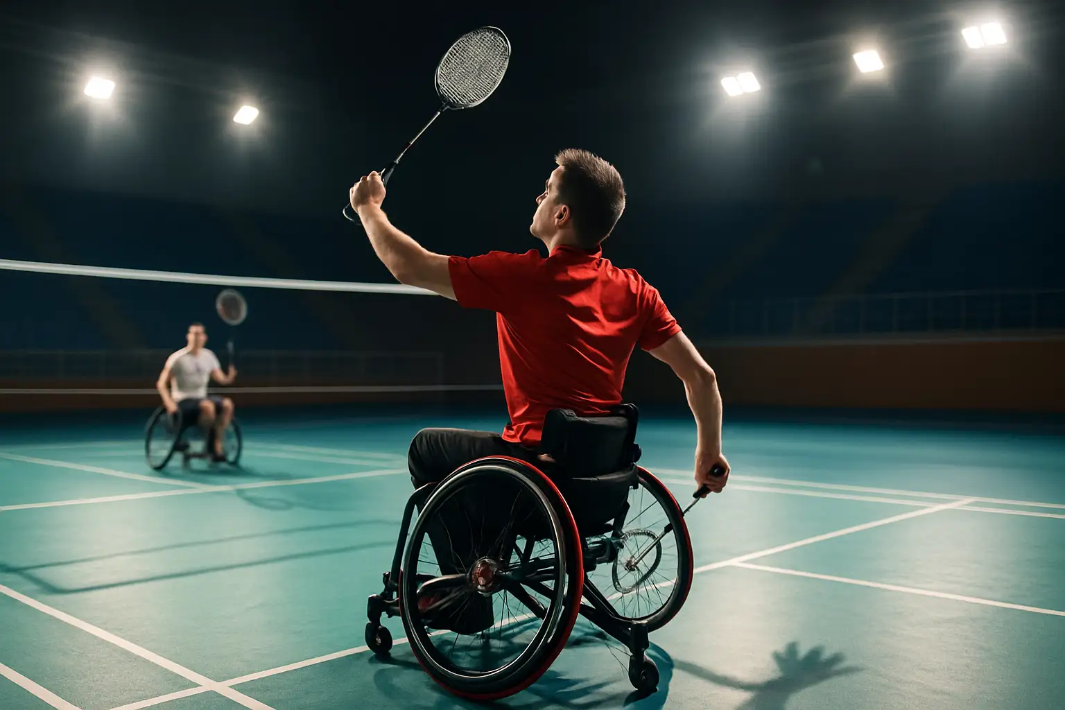 A para badminton player in a wheelchair mid-swing on an indoor court under bright stadium lights