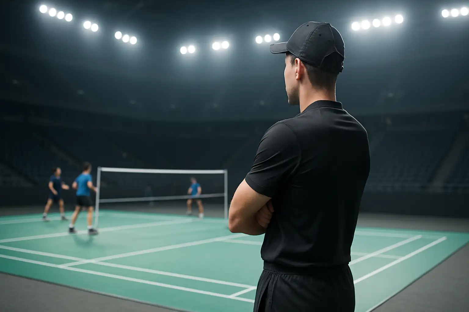 A badminton coach standing courtside watching players train in a large indoor arena