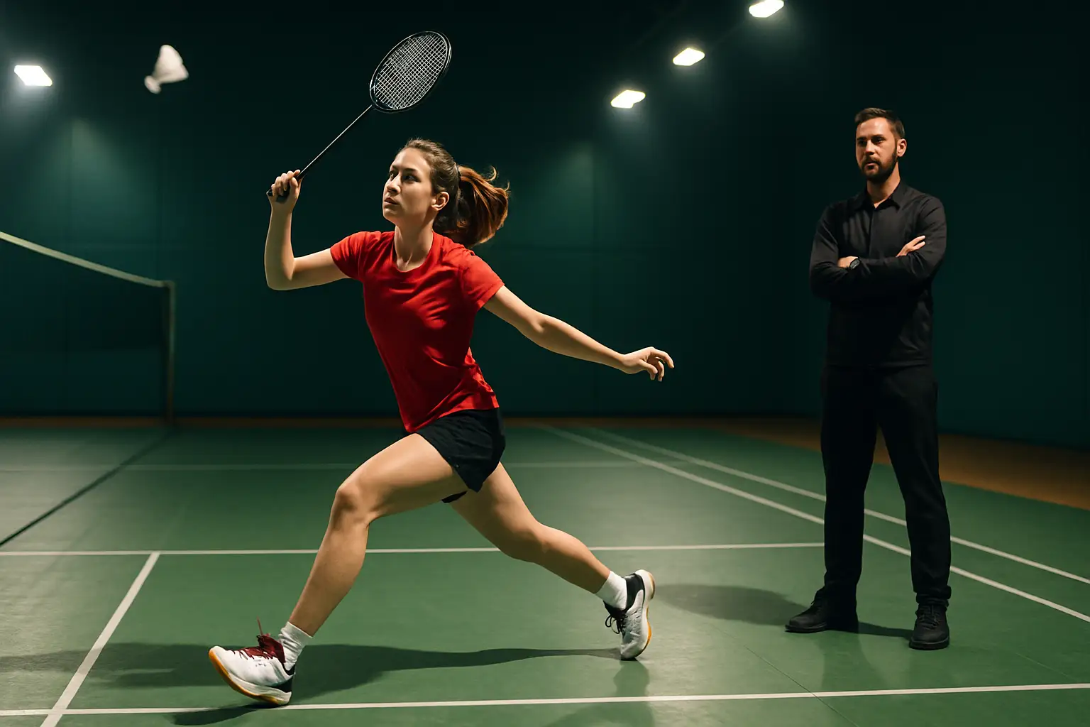A young female badminton player practicing on an indoor court with a coach watching from the sideline
