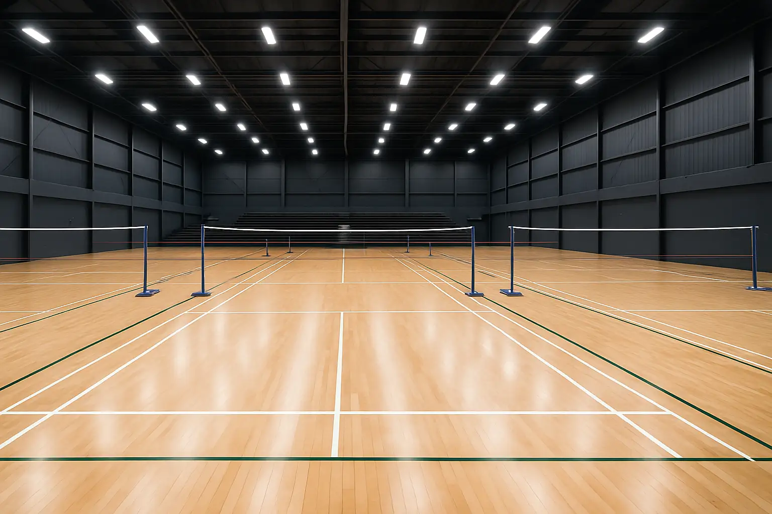 Empty indoor badminton courts with nets set up under bright overhead lighting in a modern sports facility