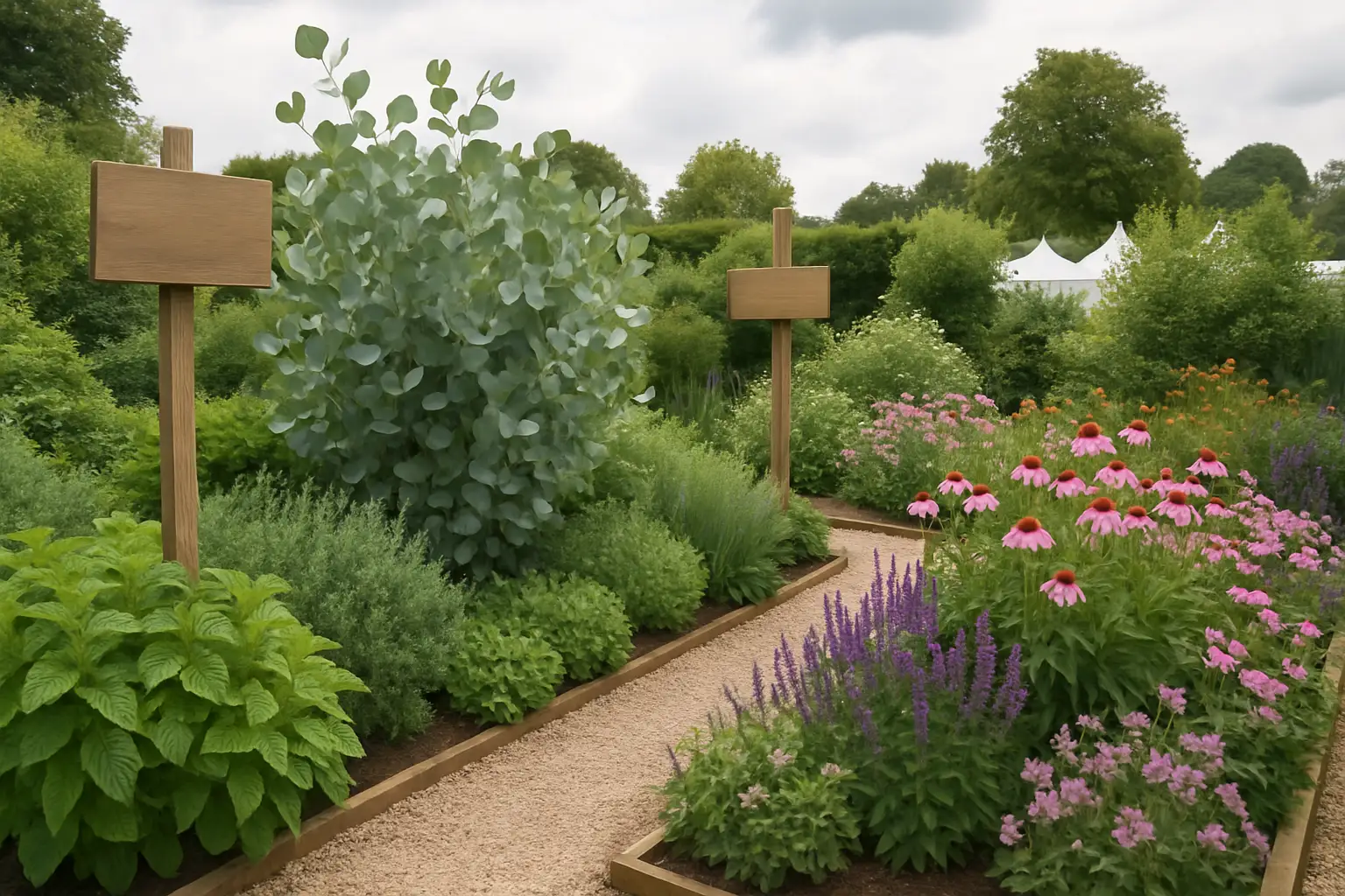 A lush show garden display with natural plants and greenery at an outdoor horticultural event