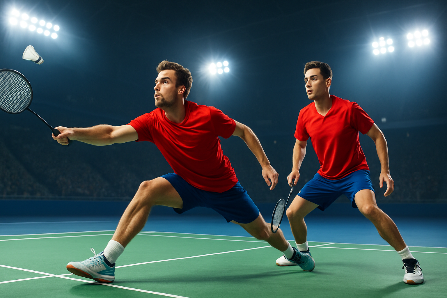 Two badminton players celebrating on court after winning a mixed doubles match