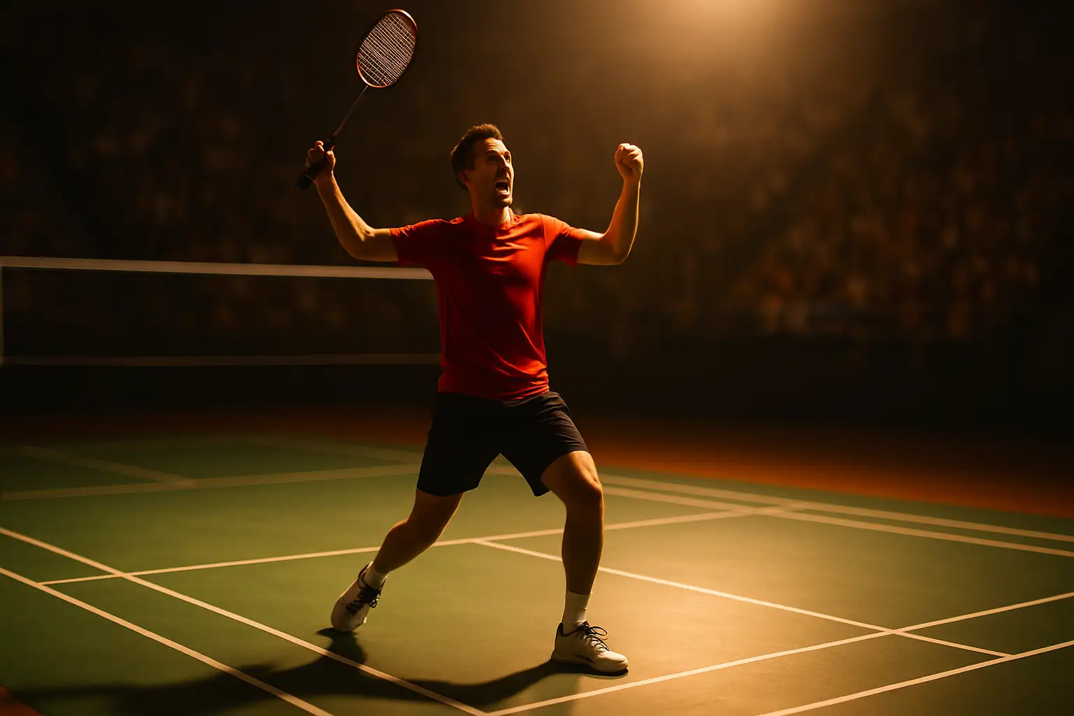 A badminton player celebrating a point on an indoor court with a Thai flag in the background