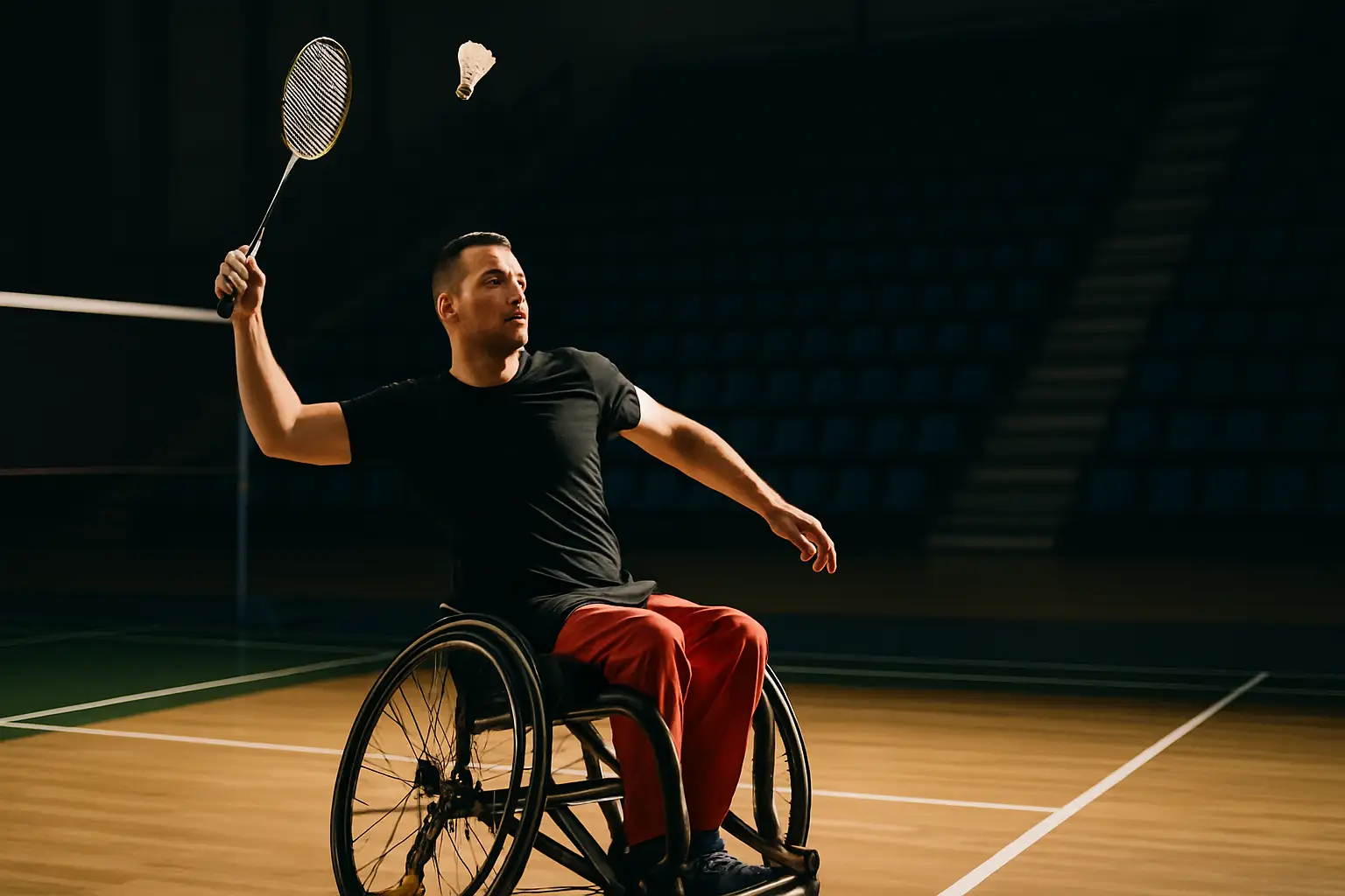 A para badminton player in a wheelchair competing on an indoor court during an international tournament