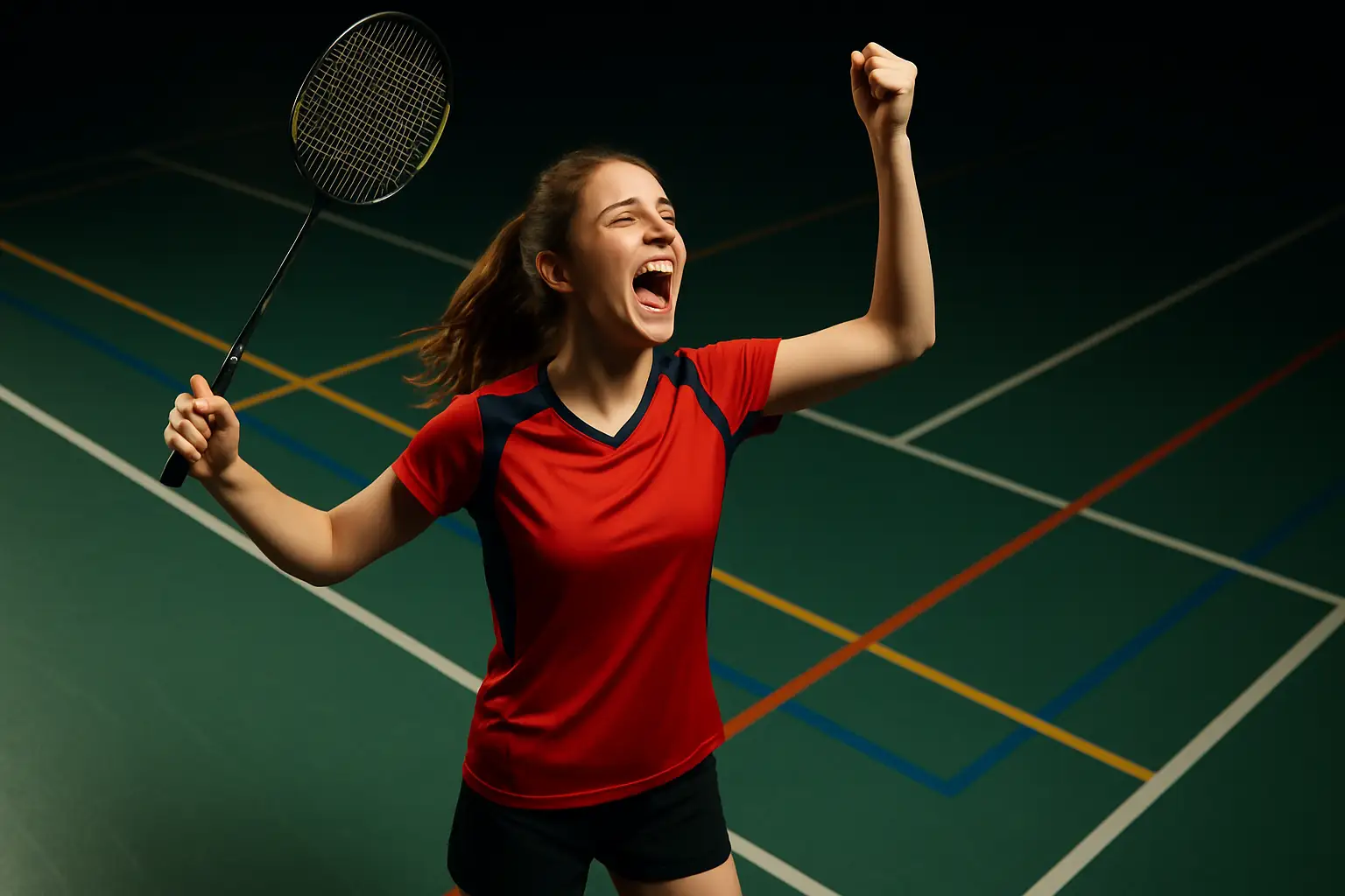 Young female badminton player celebrating a singles title win on an indoor court