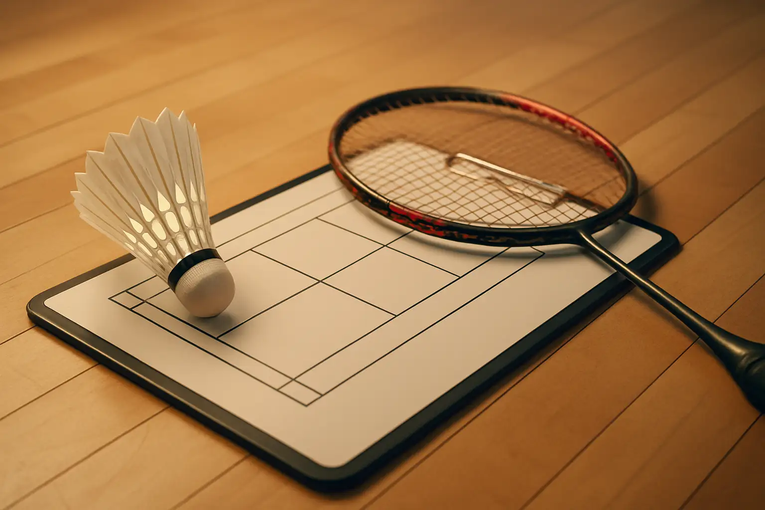 Badminton shuttlecock on a court with coaching clipboard in the background