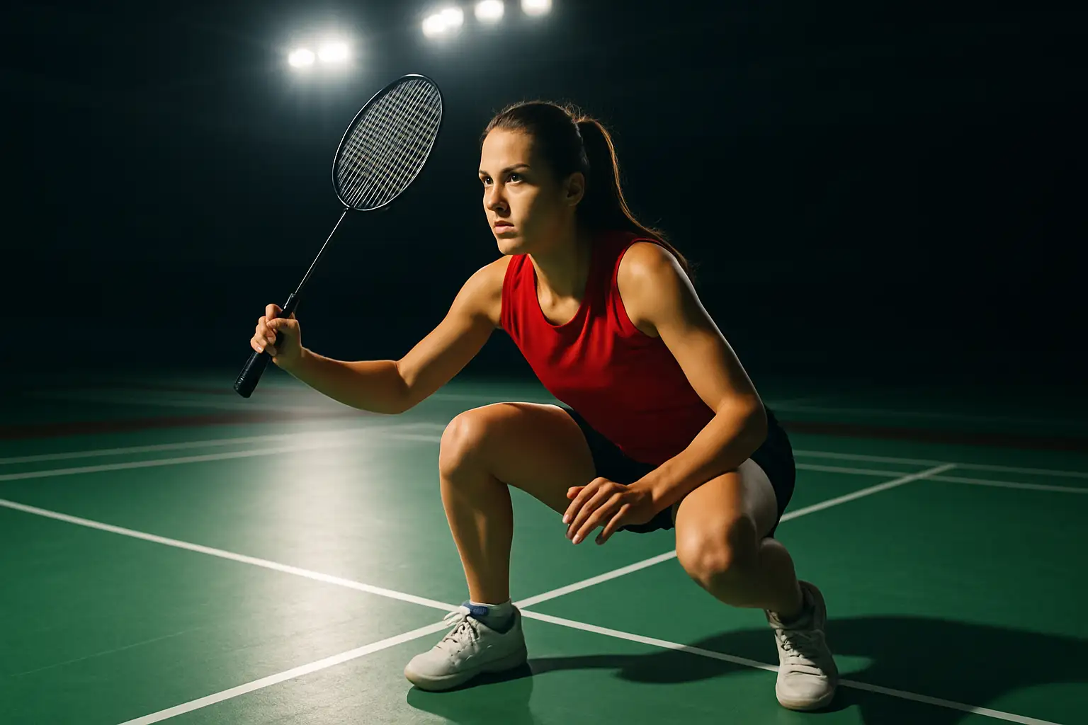 A female badminton doubles player preparing to serve on a brightly lit indoor court