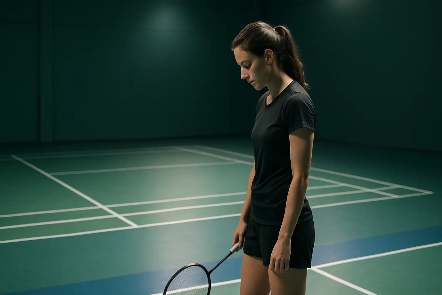 A female badminton player standing on a court holding a racket, looking reflective after a match