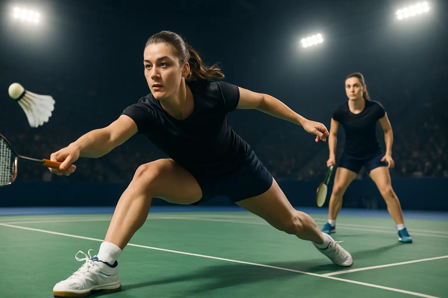 A female badminton player in mid-swing on a brightly lit indoor court during a doubles match