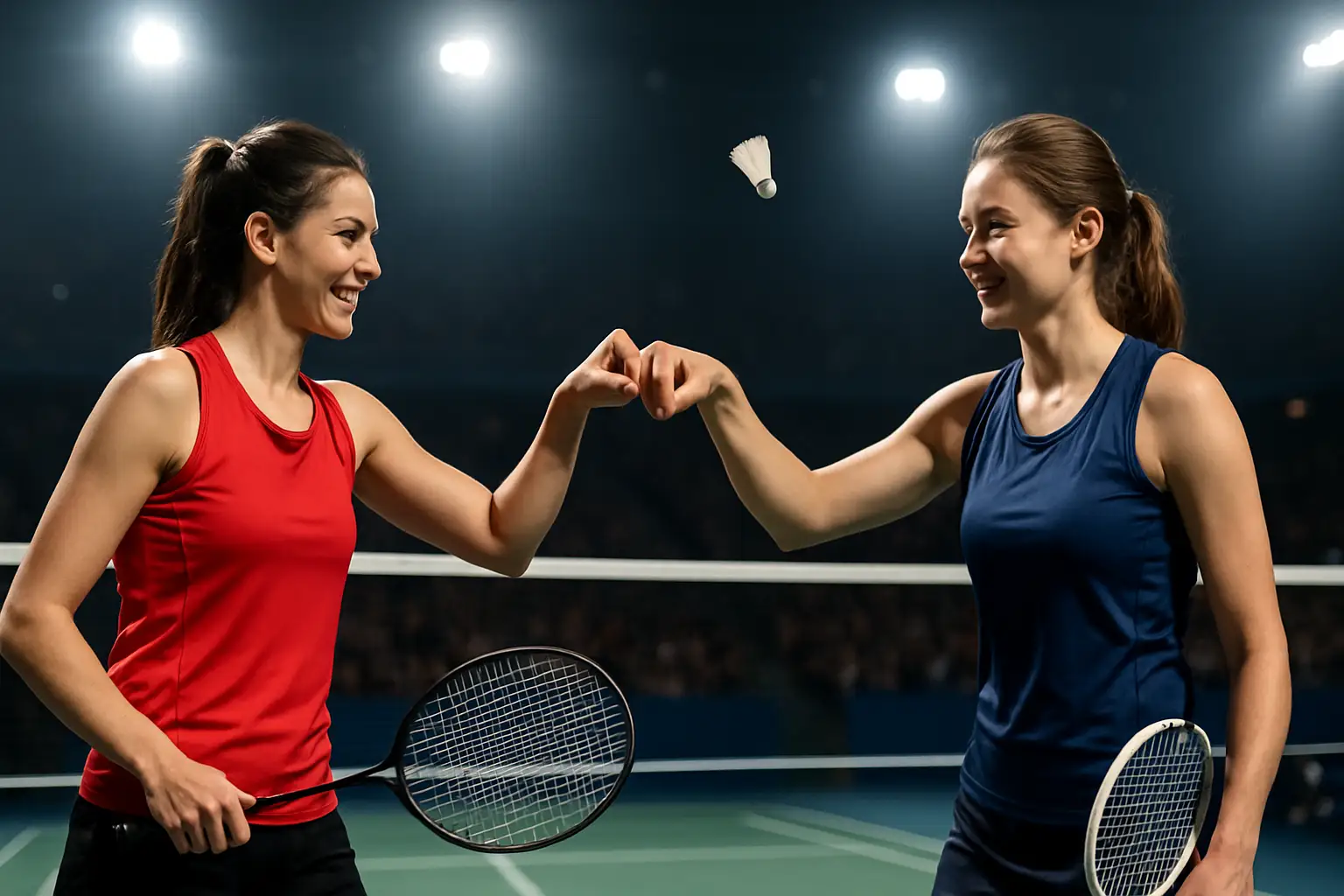 Two female badminton players celebrating a point on a professional indoor court