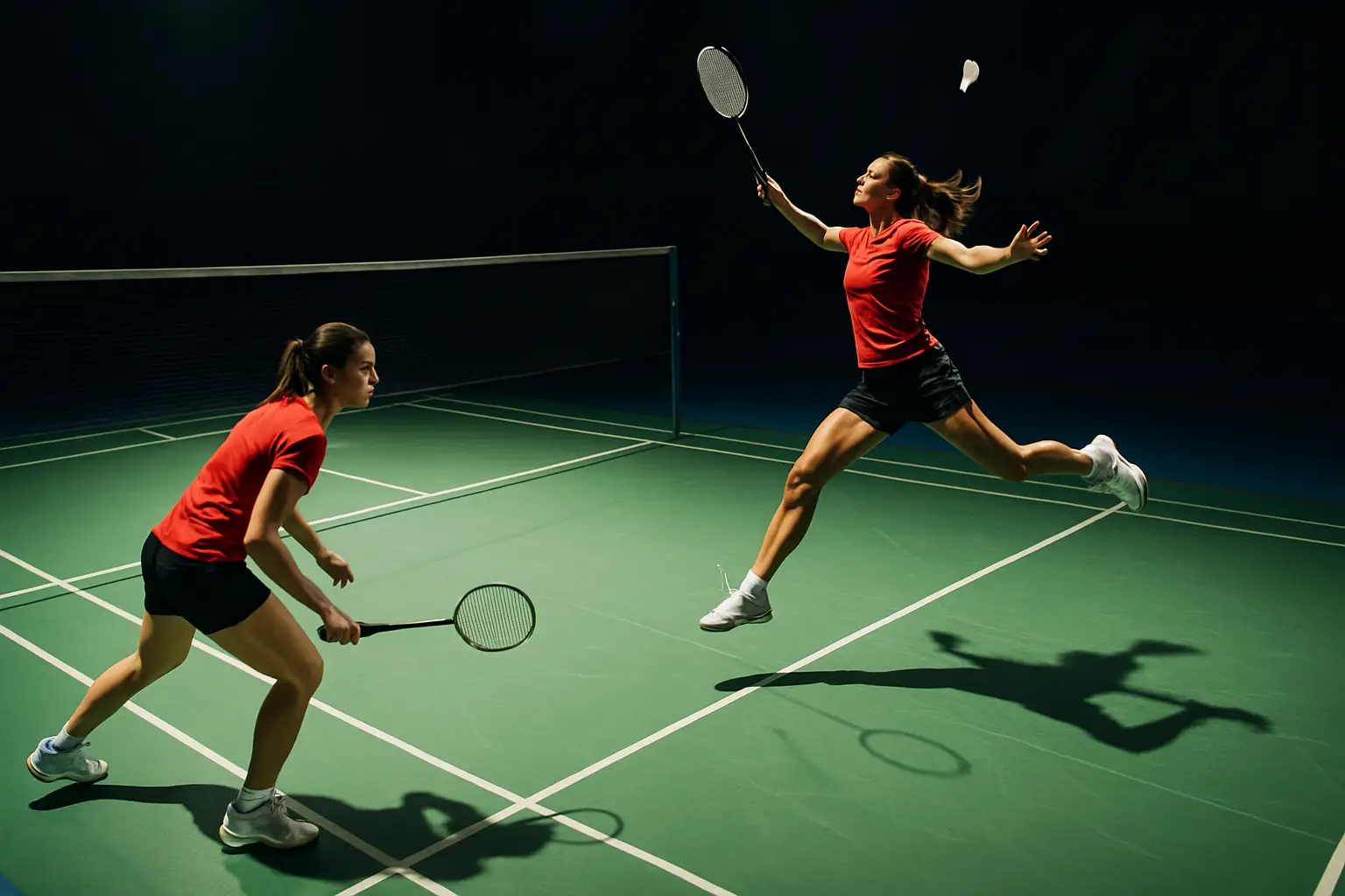 Two female badminton players in mid-match on a floodlit indoor court, one reaching for a high smash