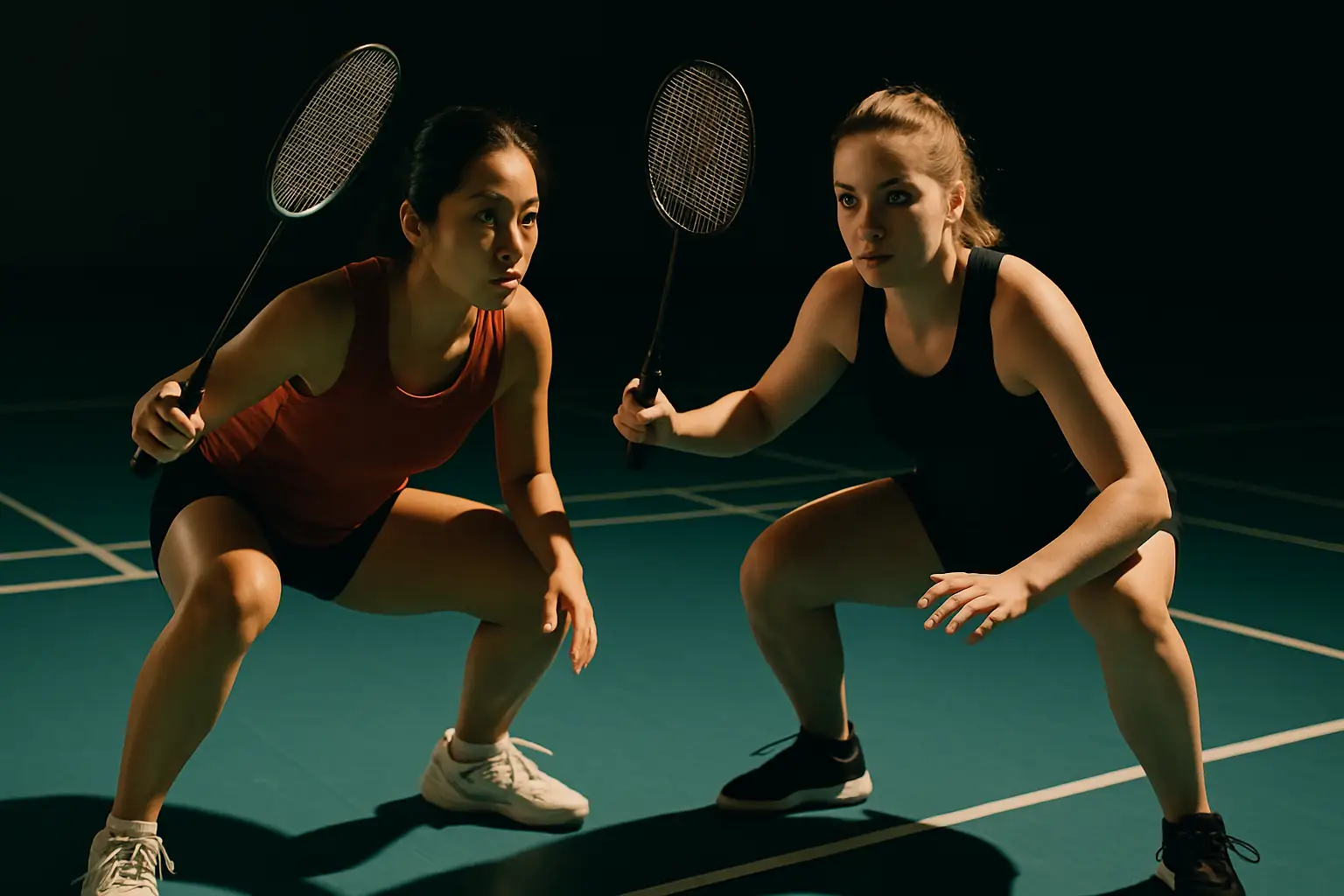 Two female badminton doubles players preparing to serve on an indoor court