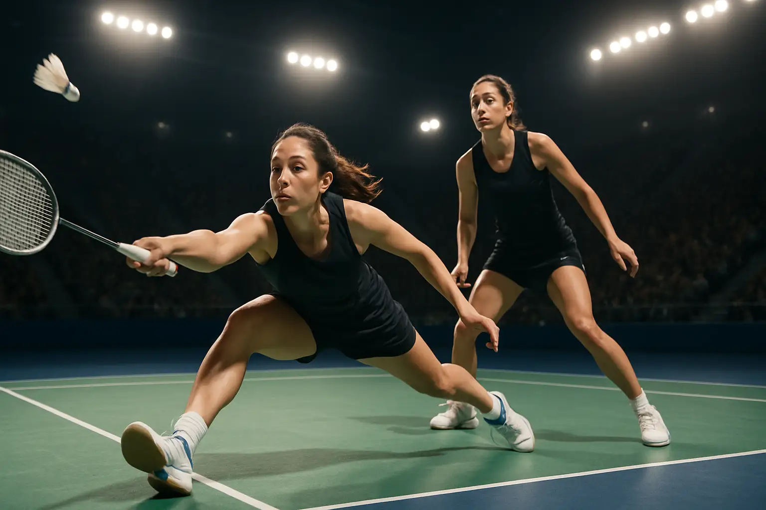 Two female badminton players on court celebrating a point during a doubles match