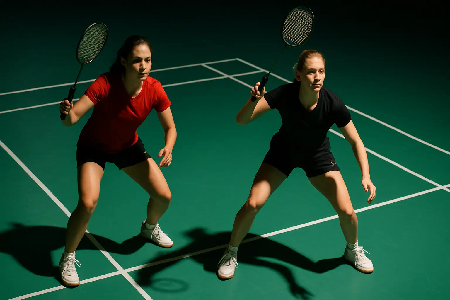 Two female badminton players in doubles formation on an indoor court, ready to receive a shot