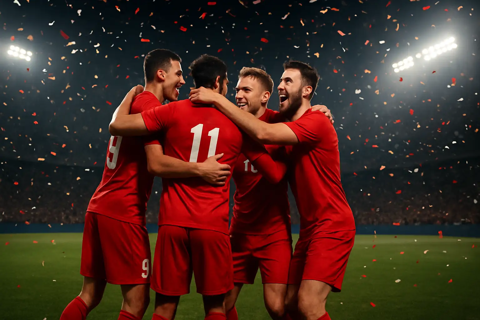 Spain football players celebrating on the pitch after reaching a World Cup final