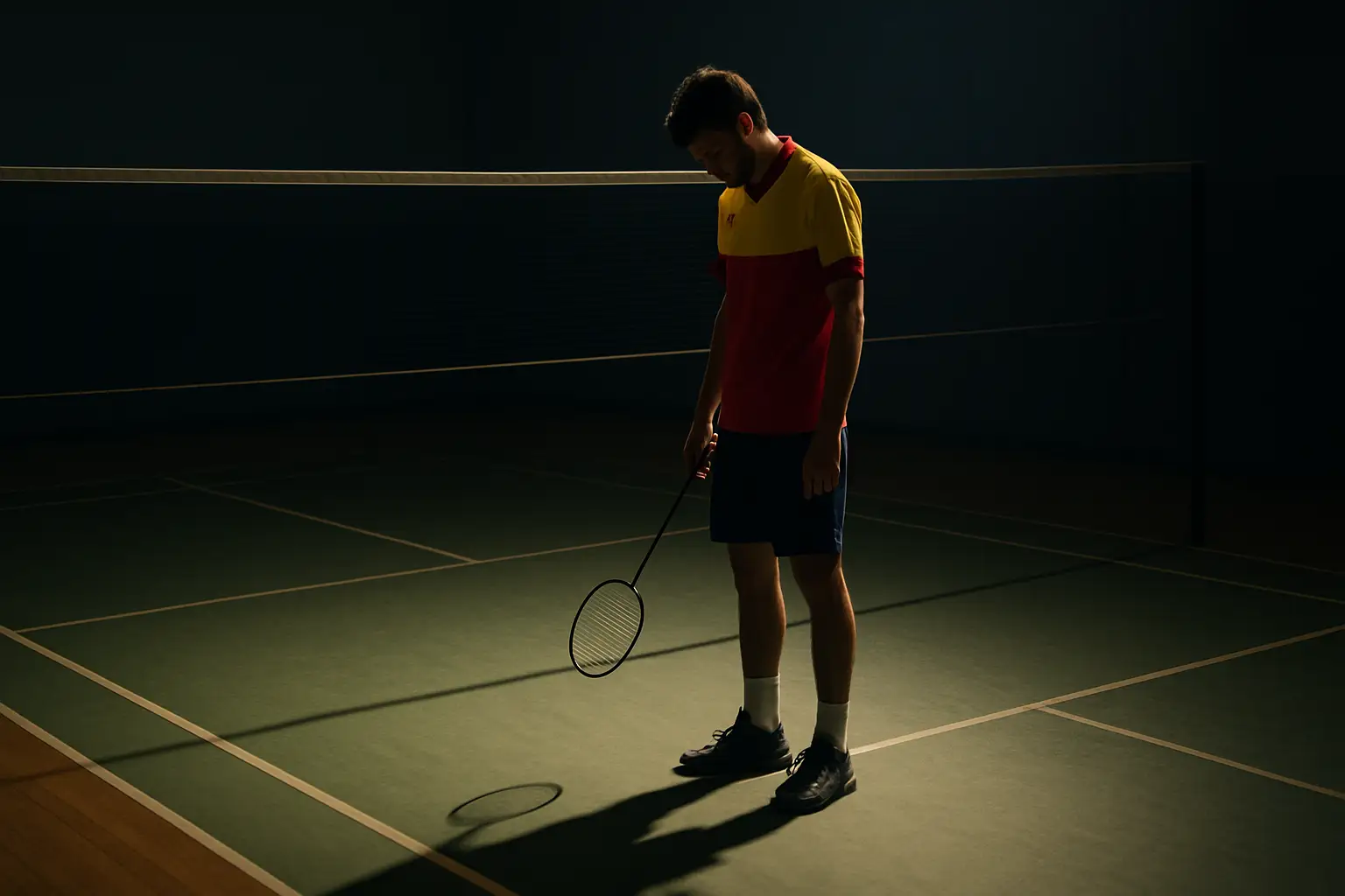 A badminton player looking down at the court after a difficult match, with an empty stadium in the background