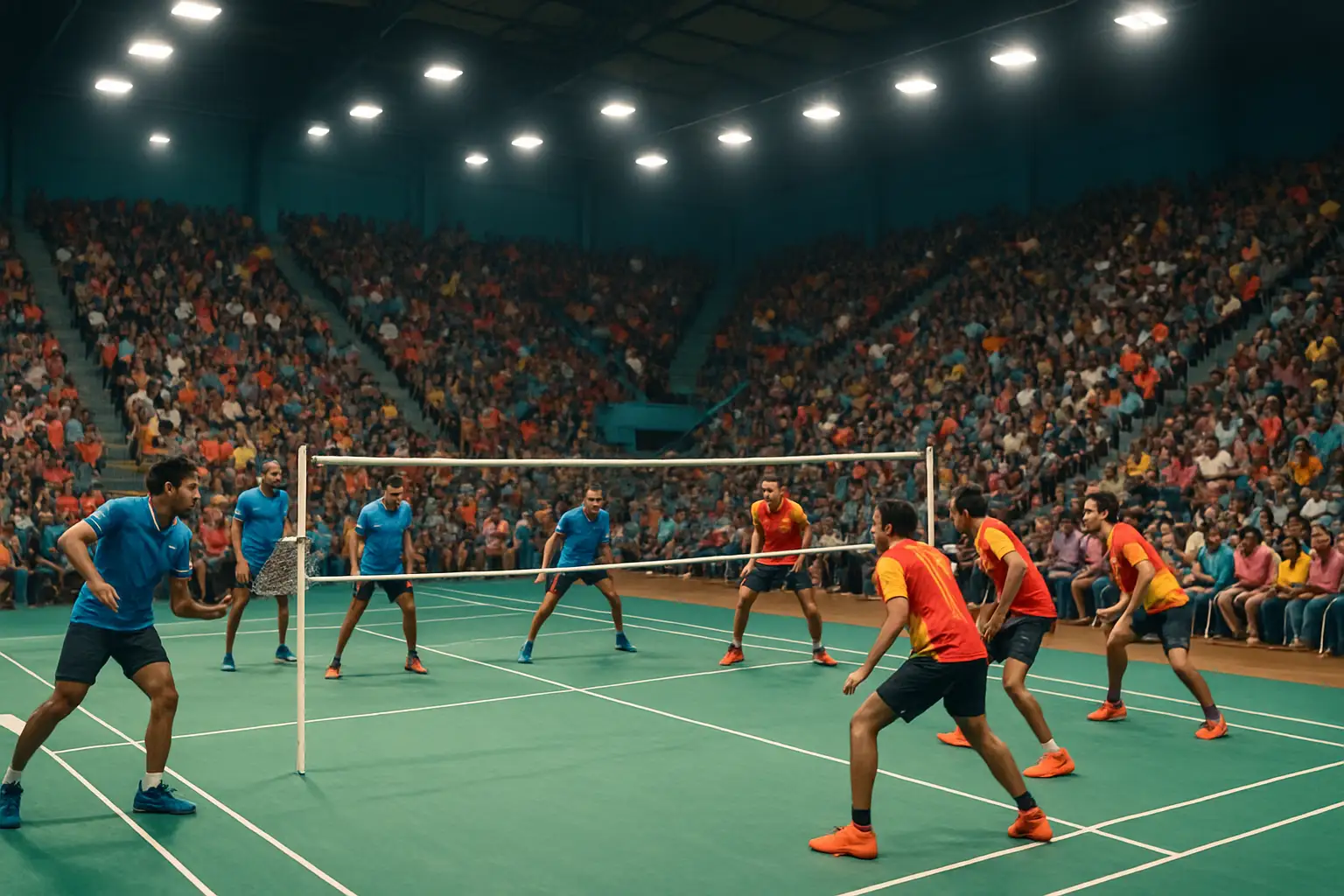 Players competing in a ball badminton match at an indoor sports arena decorated with league banners
