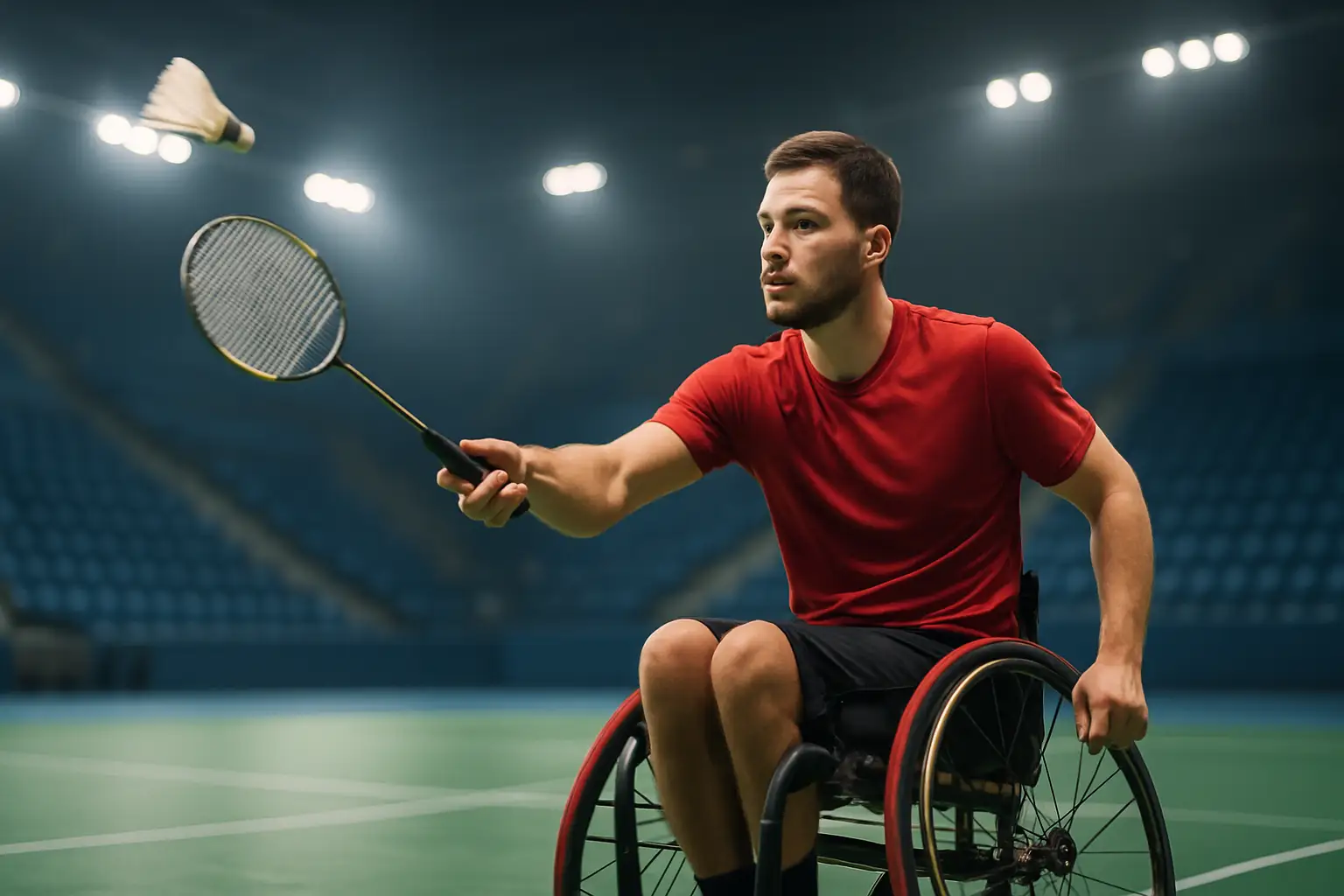 A para-badminton player mid-smash on an indoor court under bright arena lighting