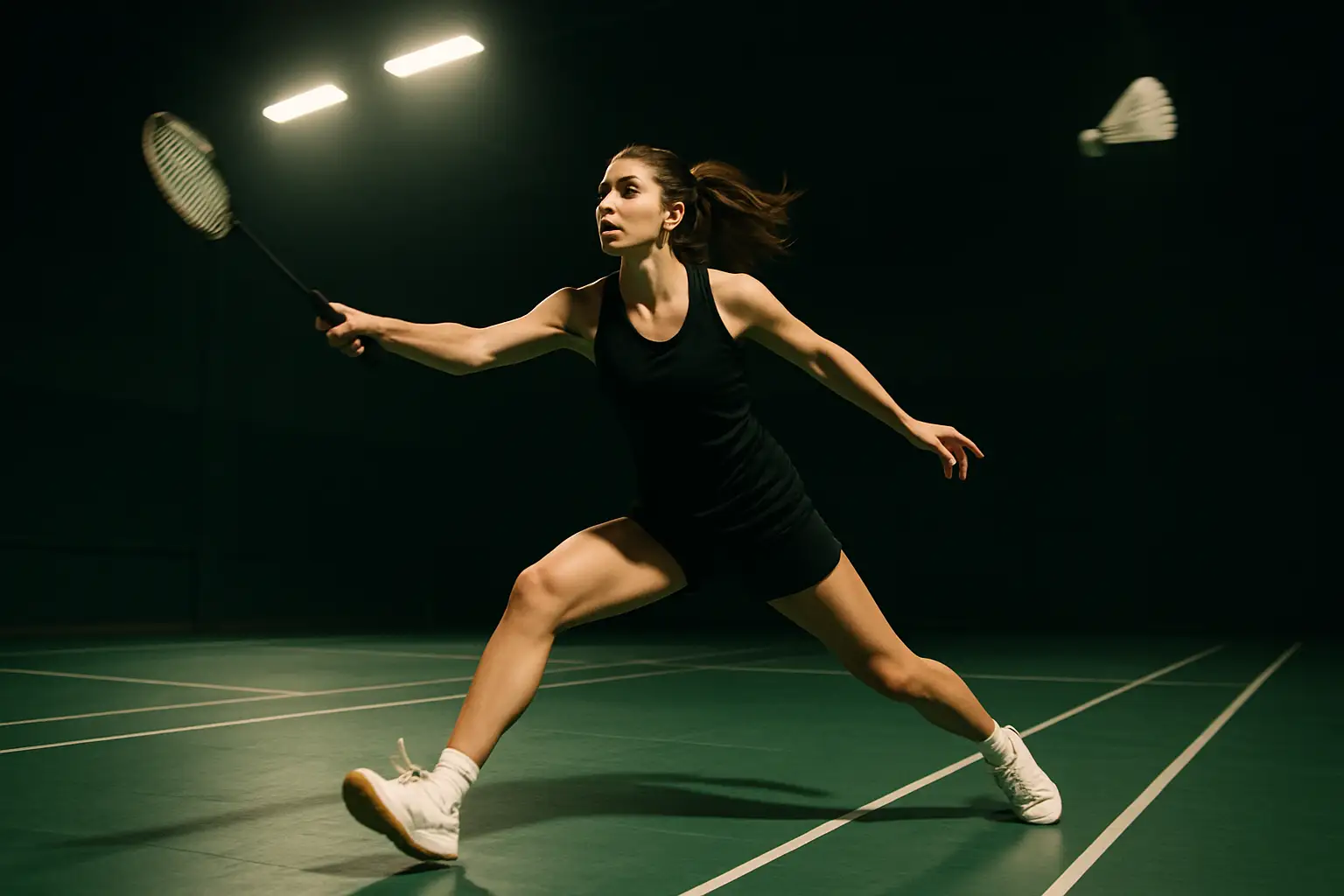 A badminton player in mid-swing on an indoor court, racket raised, shuttle in the air