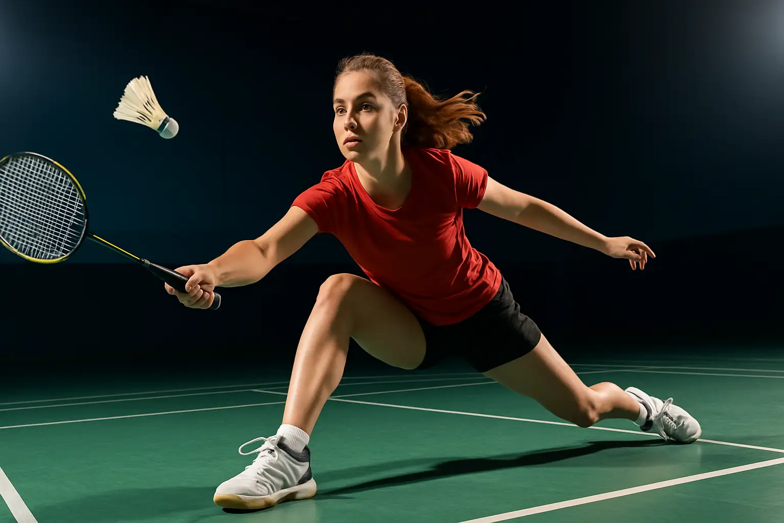 A badminton player in mid-swing on an indoor court with a bright overhead scoreboard