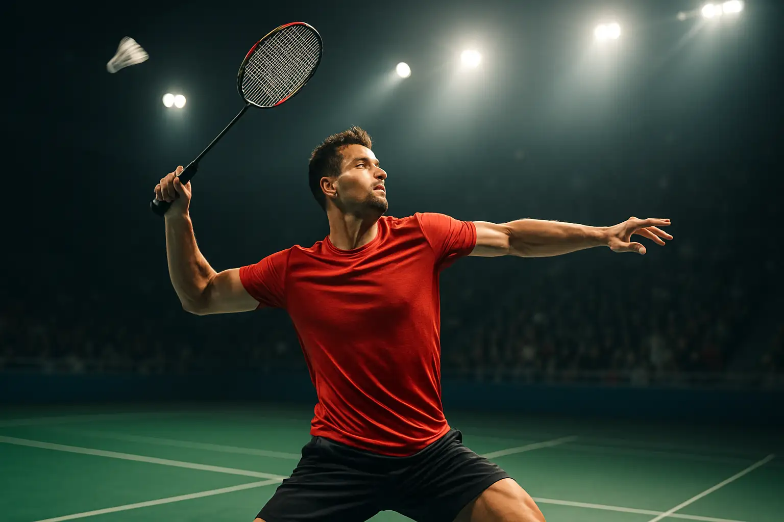 A badminton player mid-smash on an indoor court under bright arena lights