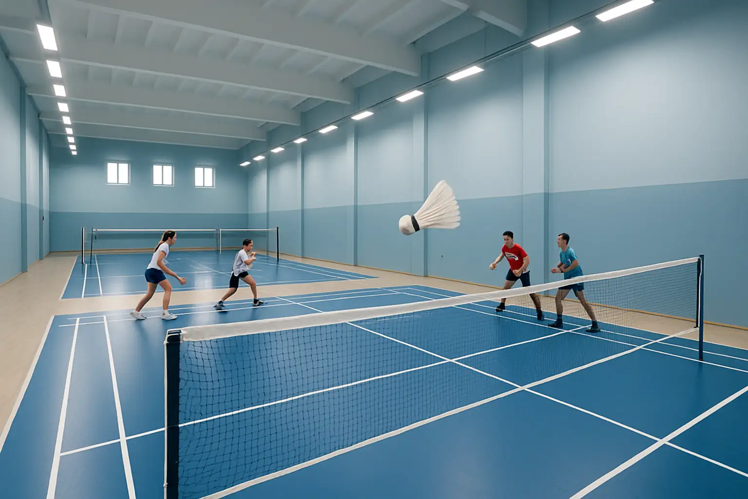 Badminton players on indoor courts at a modern sports centre