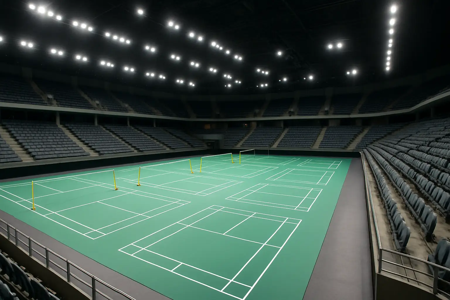 An indoor badminton arena being prepared for a national championship with courts, lighting rigs, and empty spectator stands