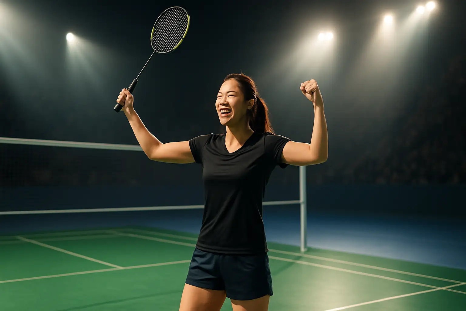 A female badminton player celebrating on an indoor court after advancing to the semi-finals