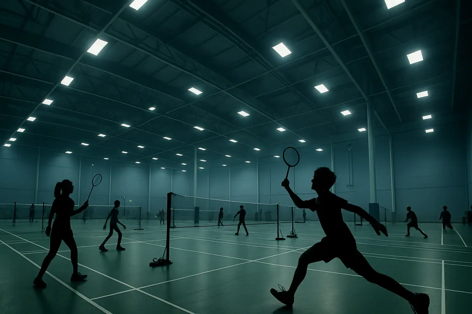 A modern indoor badminton academy with courts, bright lighting, and young players training